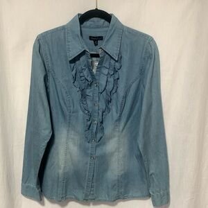 Chic Denim Ruffle Front Blouse